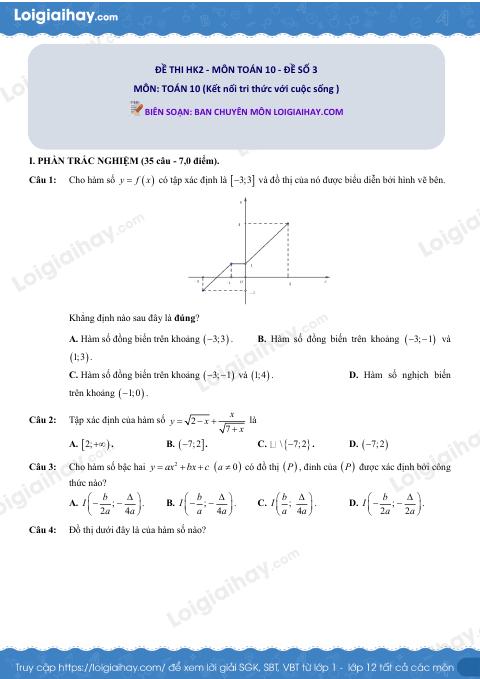 Đề kiểm tra học kì 2 Toán 10 - Đề số 3 - Kết nối tri thức